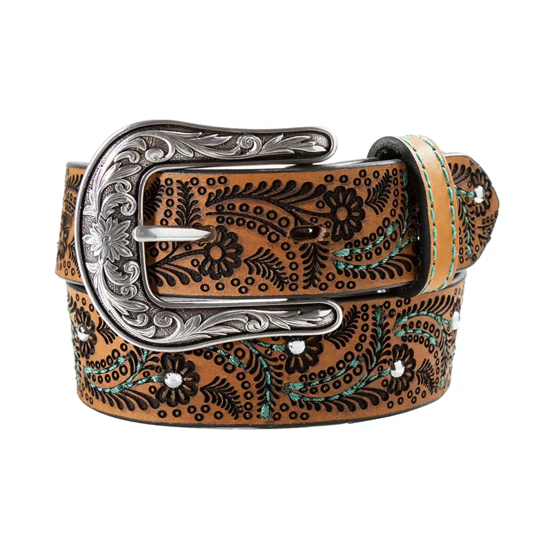 N4444002 Nocona Girls Turquoise Stitch Paisley Brown Western Belt 1