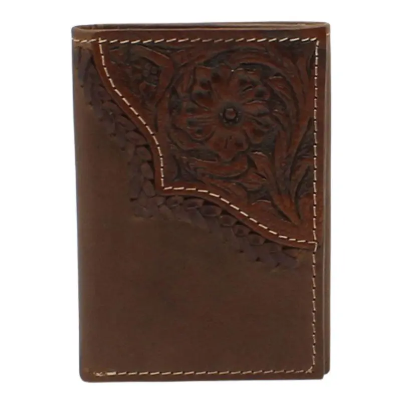N500037002 Nocona Men's Floral Tooled Edge Brown Trifold Wallet 1