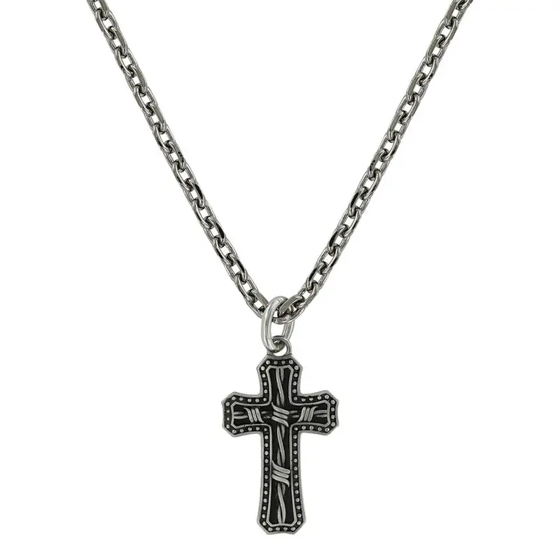 Nc3848 Montana Silversmiths Antiqued Stainless Barbed Wire Cross Necklace 1