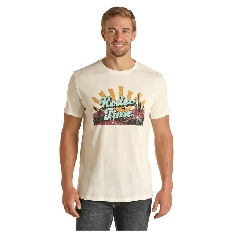 P9-3367 Rock & Roll  Men's Dale Brisby Rodeo Time Short Sleeve Tee Cream 1
