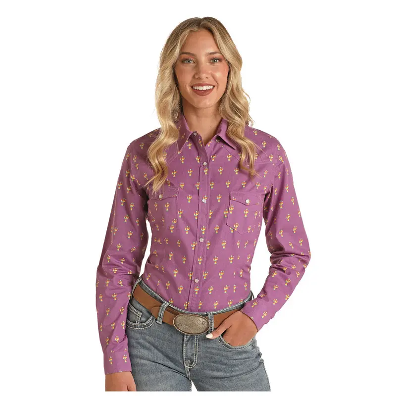 Rlwsosr13p Panhandle Junior's Long Sleeve Snap Shirt- Dark Orchid W/Cactus Print 1