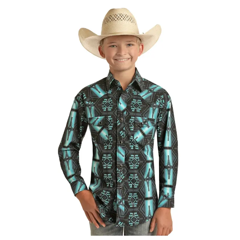 Rrbsosr0q1 Rock & Roll Boys Long Sleeve Snap Shirt - Black & Turquoise Aztec 1