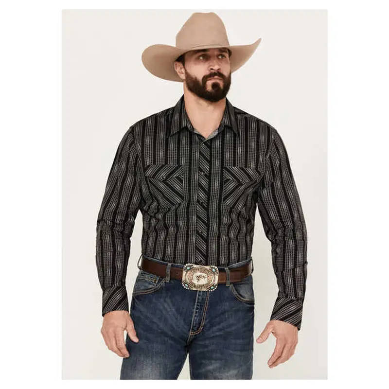 Rrmsosr0qg Rock & Roll Denim Men's Long Sleeve Geo Stripe Snap Shirt- Black & Grey 1
