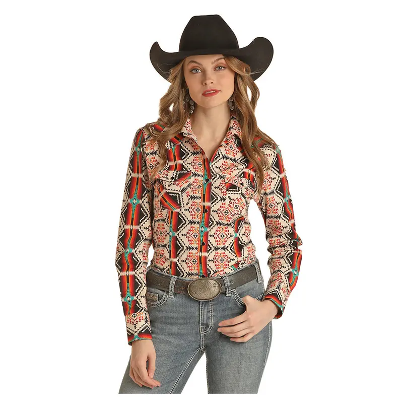 Rrwsosrz0z Rock & Roll Cowgirl Geo Stripe Western Snap Shirt - Natural 1