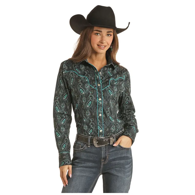 Rrwsosrz13 Rock & Roll Cowgirl Paisley Print Western Snap Shirt - Teal 1