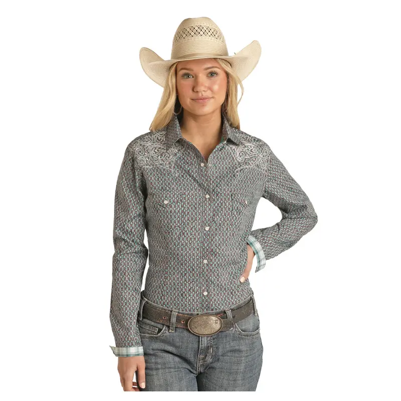Rswsosr0nc Panhandle Rough Stock Ladies Embroidered Retro Snap Shirt - Chocolate And Turquoise 1