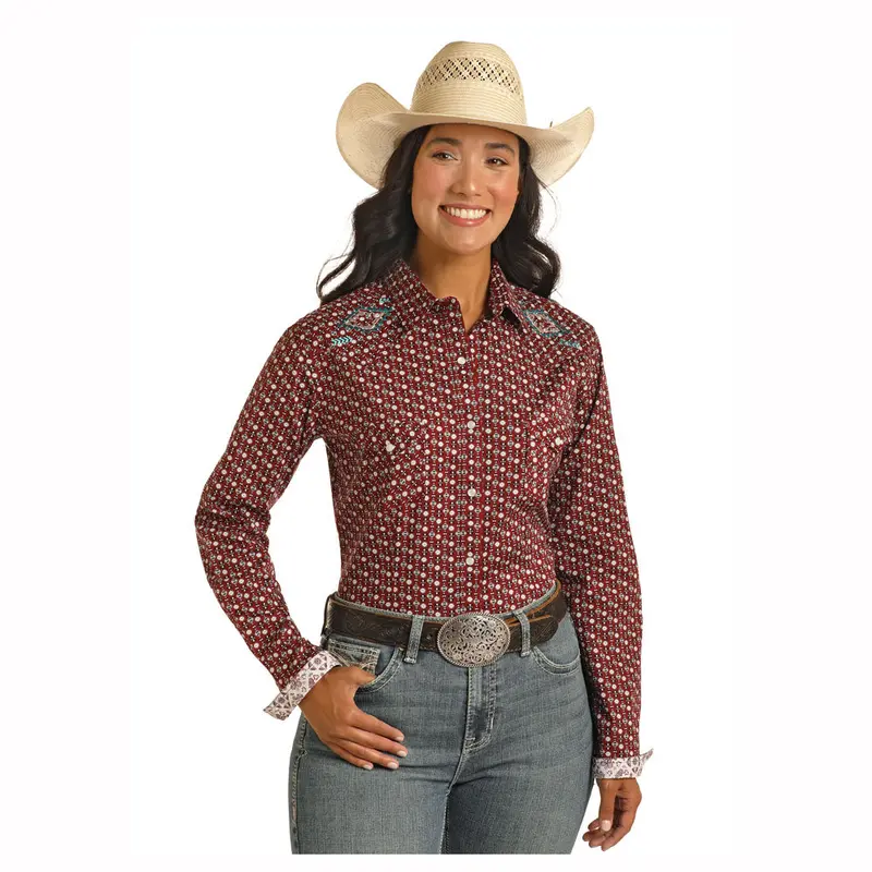 Rwn2s03840 Panhandle Women's Long Sleeve Western Snap Shirt - Maroon 1