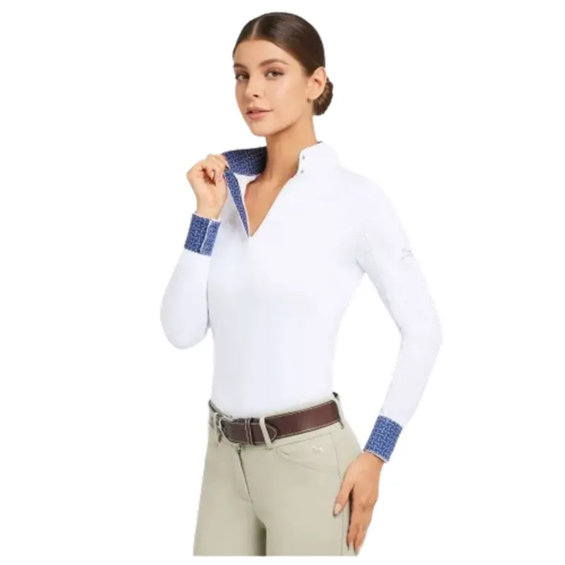 Tor850a R.J. Classics Women's Tori Long Sleeve White English Show Shirt - Navy Bit Print 1