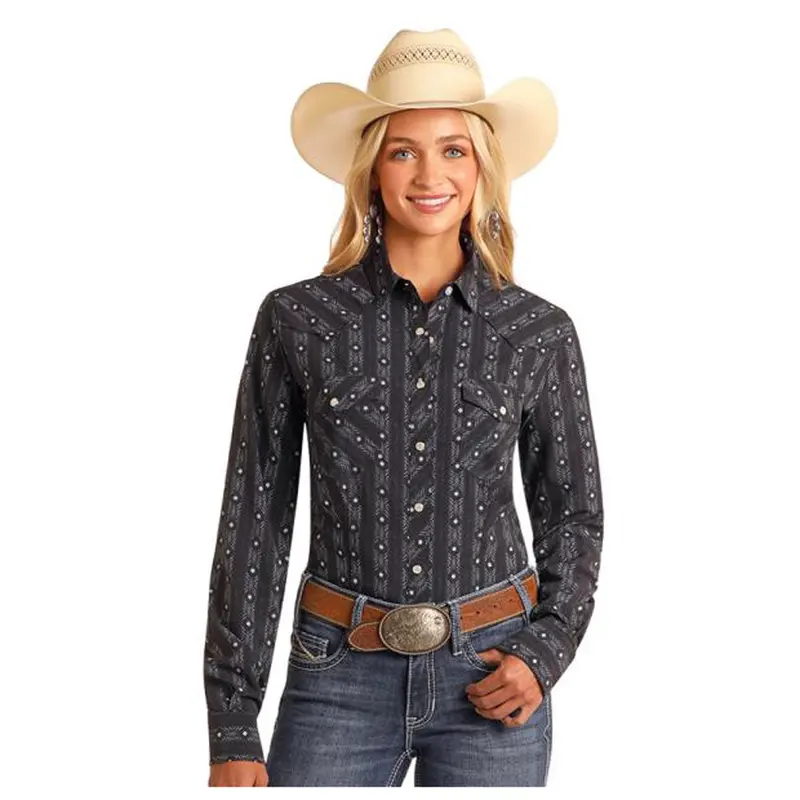 Twn2s05706 Rock & Roll Women's Long Sleeve Tech Snap Shirt - Black 1