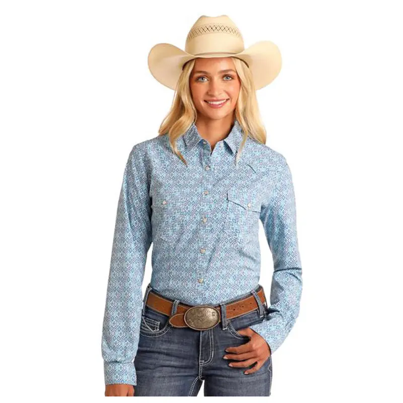 Twn2s05723 Rock & Roll Women's Long Sleeve Tech Snap Shirt - Aqua 1