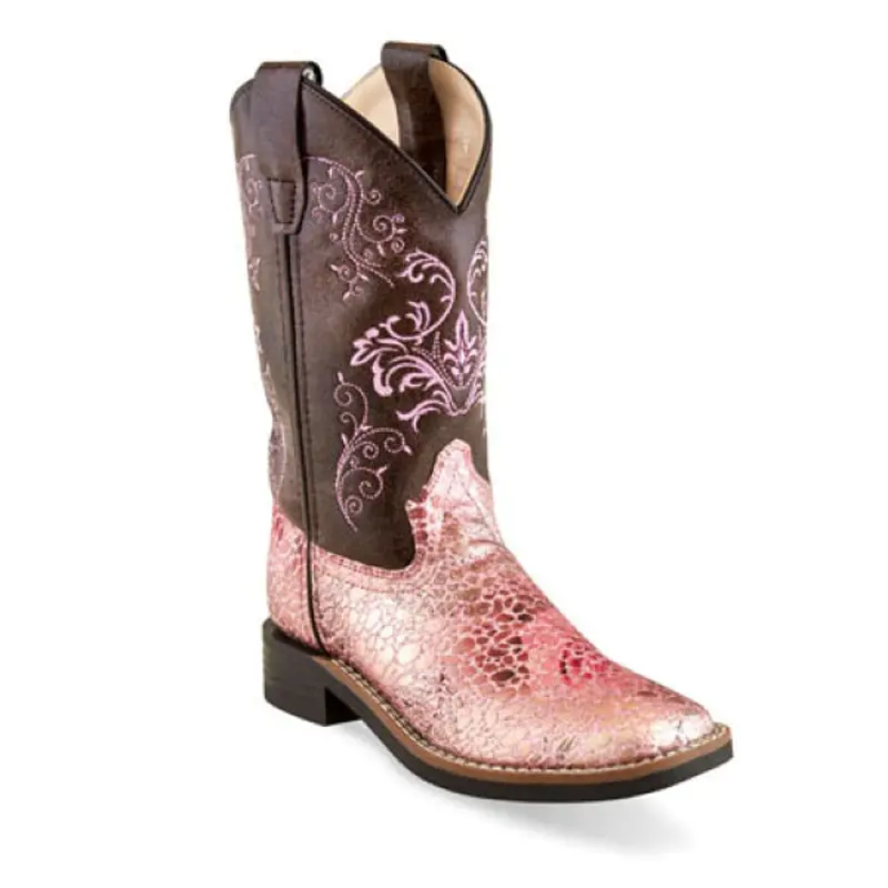 Vb9154 Old West Girls' Pink/Brown Fancy Stitch Western Cowboy Boot 1