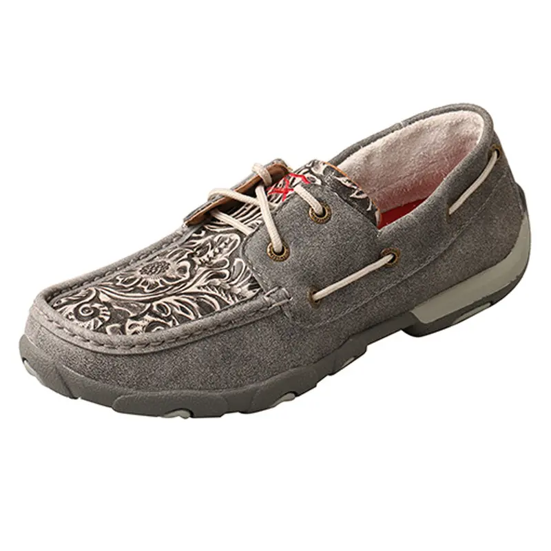 Wdm0130 Twisted X Women’S Boat Shoe Driving Moc - Grey Floral Tooled 1