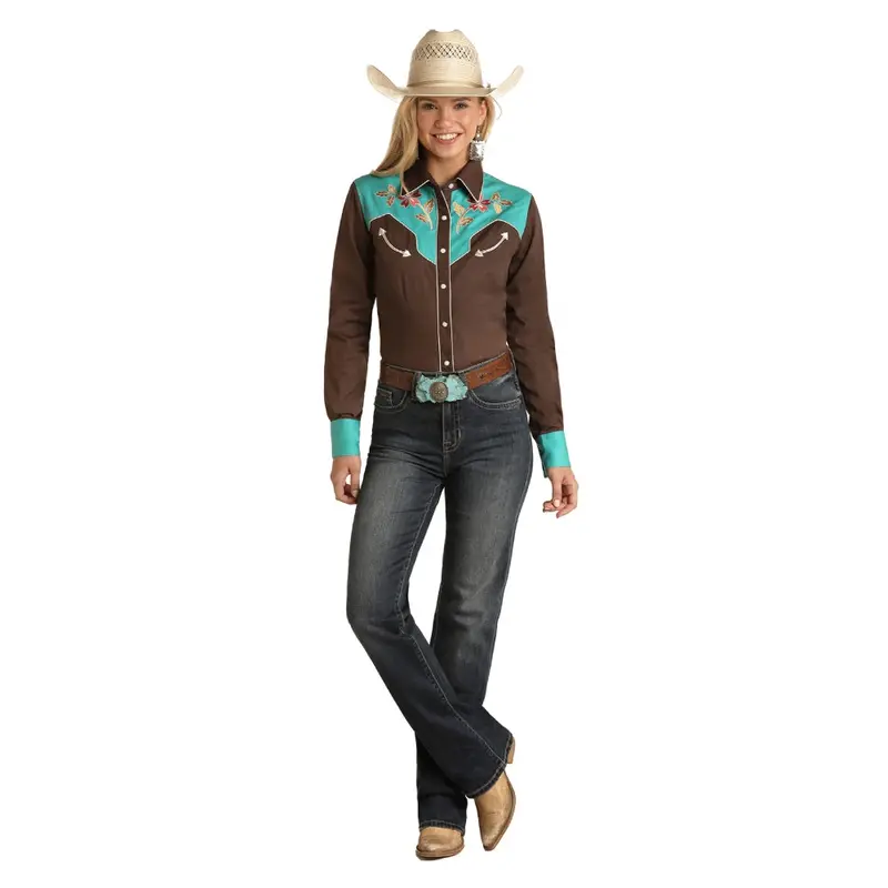 Wlwsosr0u0 Panhandle Ladies Embroidered Retro Snap Shirt - Chocolate And Turquoise 1